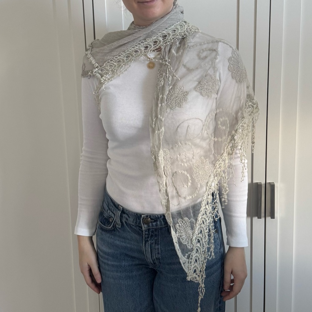 Gray Lace Half-Circle Shawl with Fringe – 60” Diameter